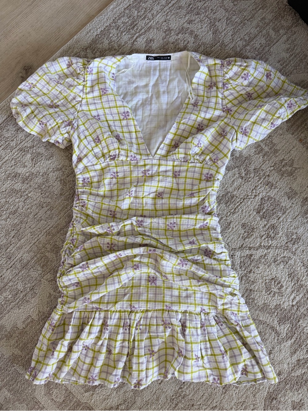 Zara White, Lime & Lavender Plaid Floral Ruched Mini Dress